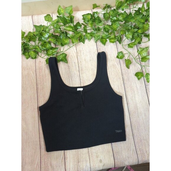 ARITZIA TNA Women's Black V-Neck Tank Cropped Waffle Knit Cotton Size XS - Picture 2 of 7